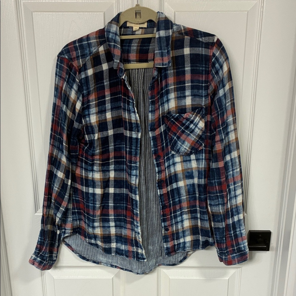 Cloth and Stone Plaid Flannel Button-Up Shirt - Navy, Red, Cream